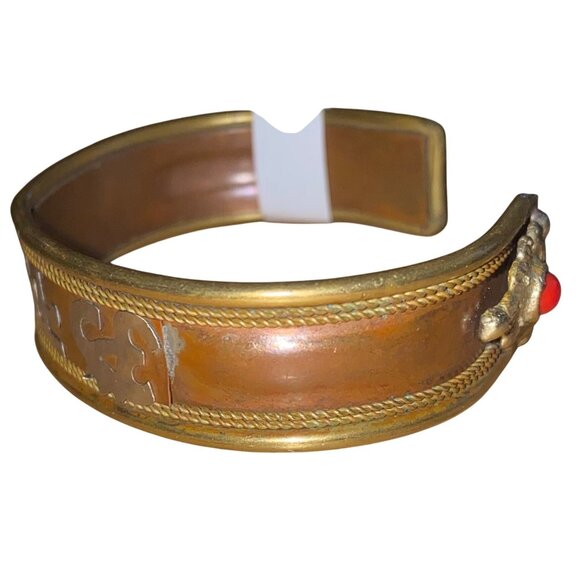 Brass & Copper Cuff Bracelet With Red Stone Accents - Picture 4 of 5